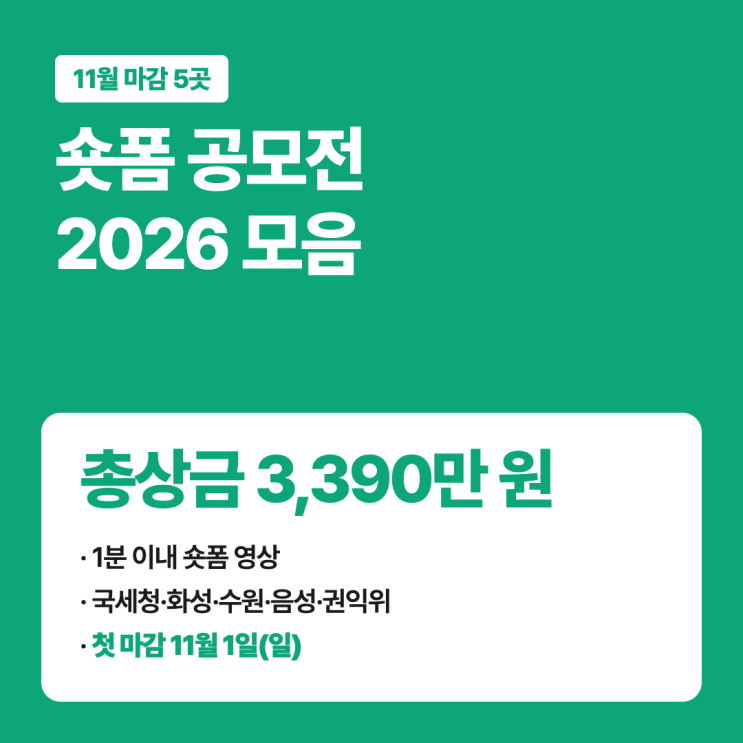 숏폼 공모전 2026 11월 마감 5곳, 총상금 3,390만 원 영상 길이·자격 정리 : 네이버 블로그