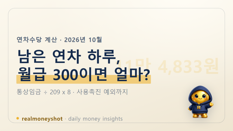 연차수당 계산 2026, 연말에 연차 6일 남은 월급 300만 원 직장인은 하루 11만 4,833원씩 받을 수 있을까 : 네이버 블로그