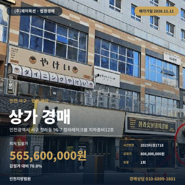 인천 서구 청라동 96-7 청라레이크봄 지하층비12호 상가 경매 법원 매각 2025타경1718 썸네일