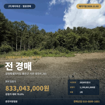 강원 홍천군 서면 농지경매, 한서교차로 인근 대규모 토지 2026타경33 썸네일