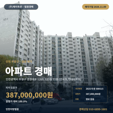 인천 부평구 경원대로 1269, 123동 11층 (산곡동, 현대아파트) 산곡동, 현대아파트) 아파트 경매 법원 매각 2025타경500515 썸네일