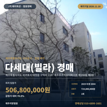 제주 서귀포시 대정읍 구억리 1187 제주푸르지오더퍼스트 제104동 제2층 공동주택 경매 법원 매각 2025타경2044 썸네일