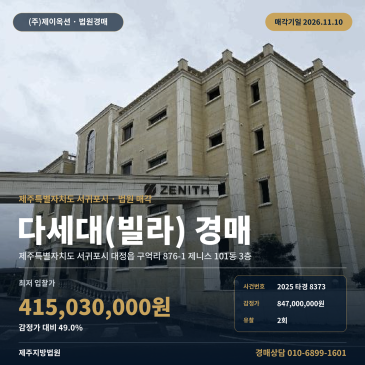 제주 서귀포시 대정읍 구억리 876-1 제니스 101동 3층 빌라 경매 법원 매각 입찰 검토 2025타경8373 썸네일