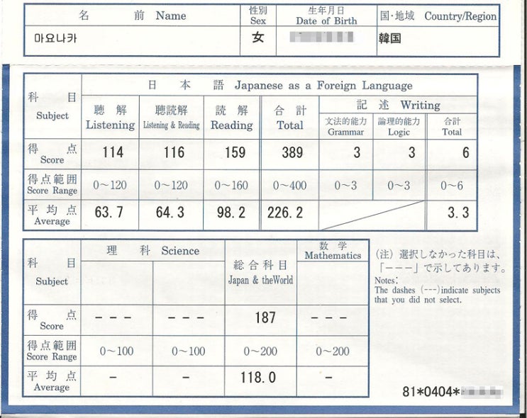 EJU 성적이 나왔습니다. : 네이버 블로그
